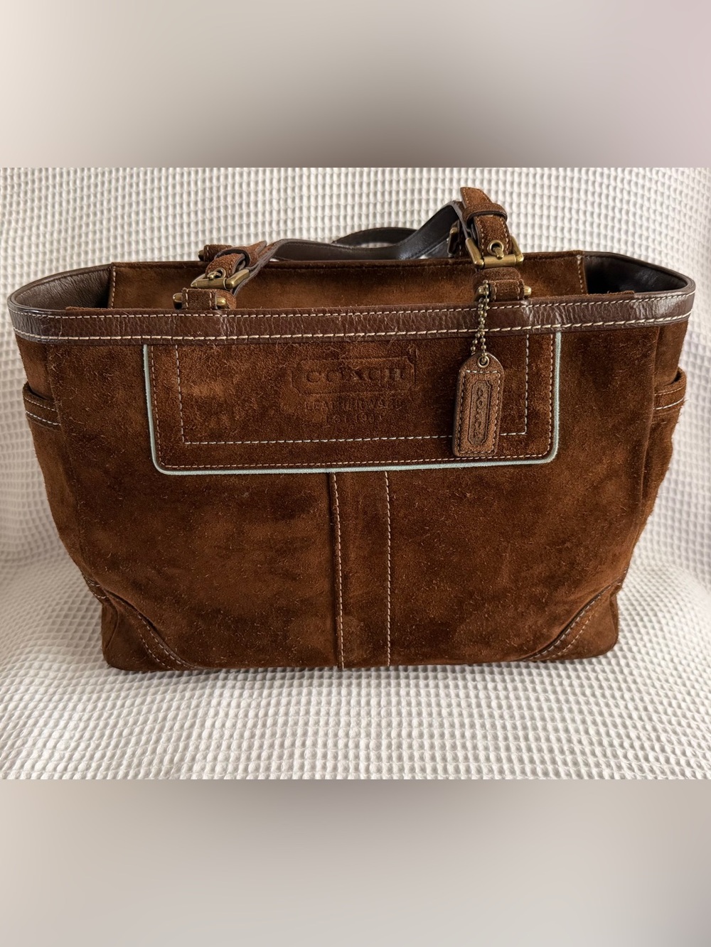 Coach Suede Tote in Rich Brown with Leather Trim